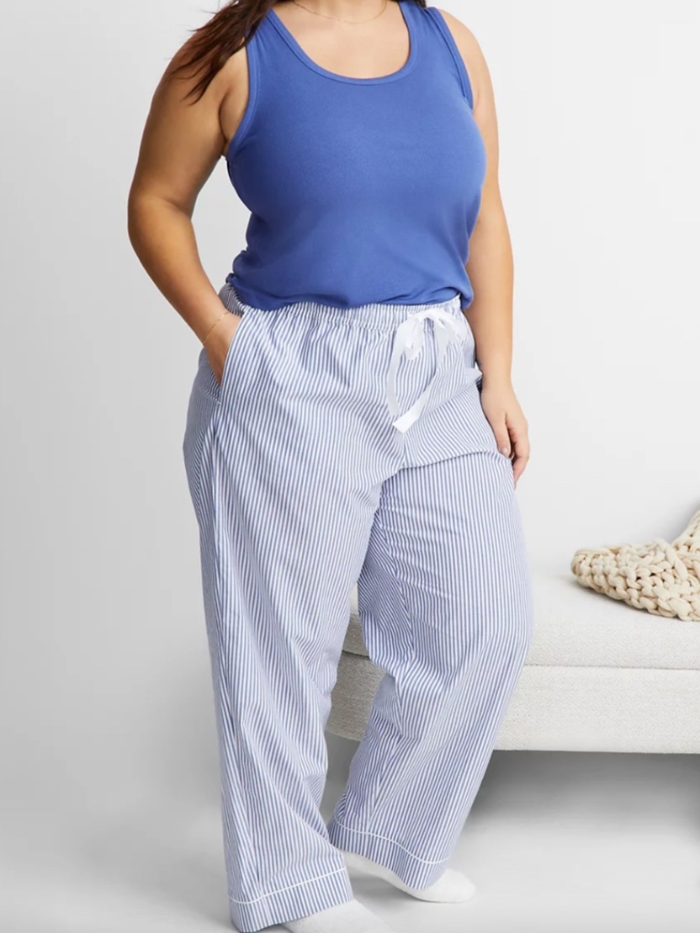 State of Day Women's Printed Poplin Pajama Pants Blue Stripe 2X NWT